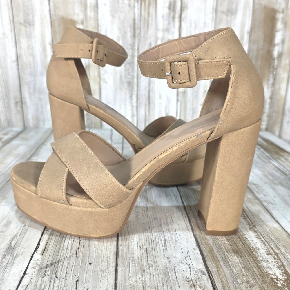 Y.Not? Tan Faux Leather Platform Block Heel Ankle Strap Sandals Mens Size 10